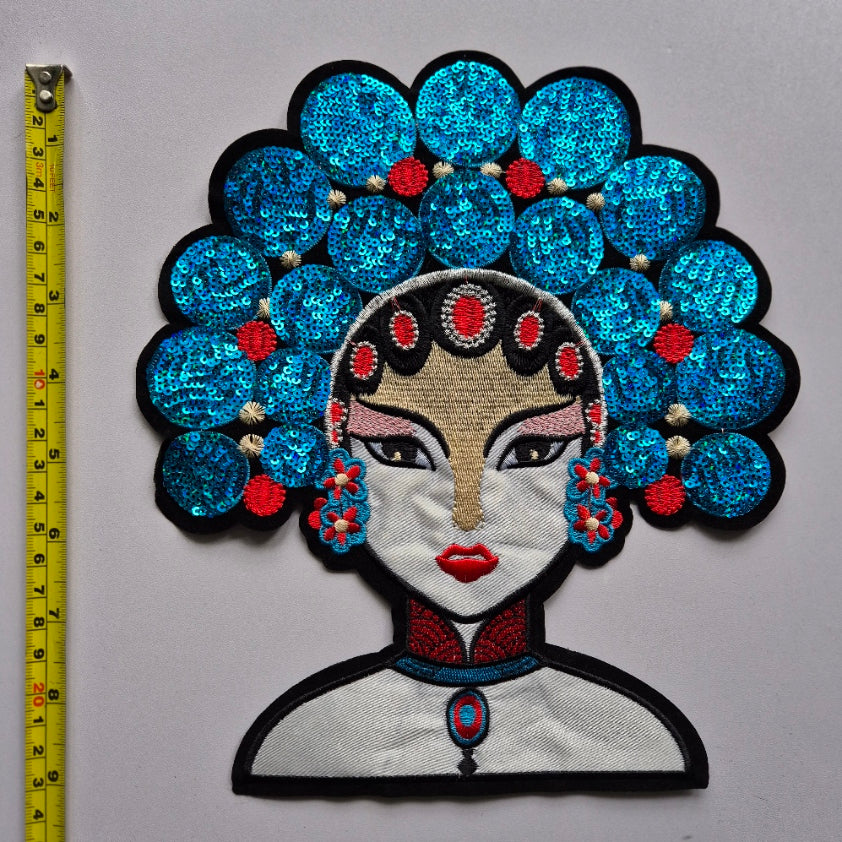 Blue Sequin Hair Large Patch - SEW ON