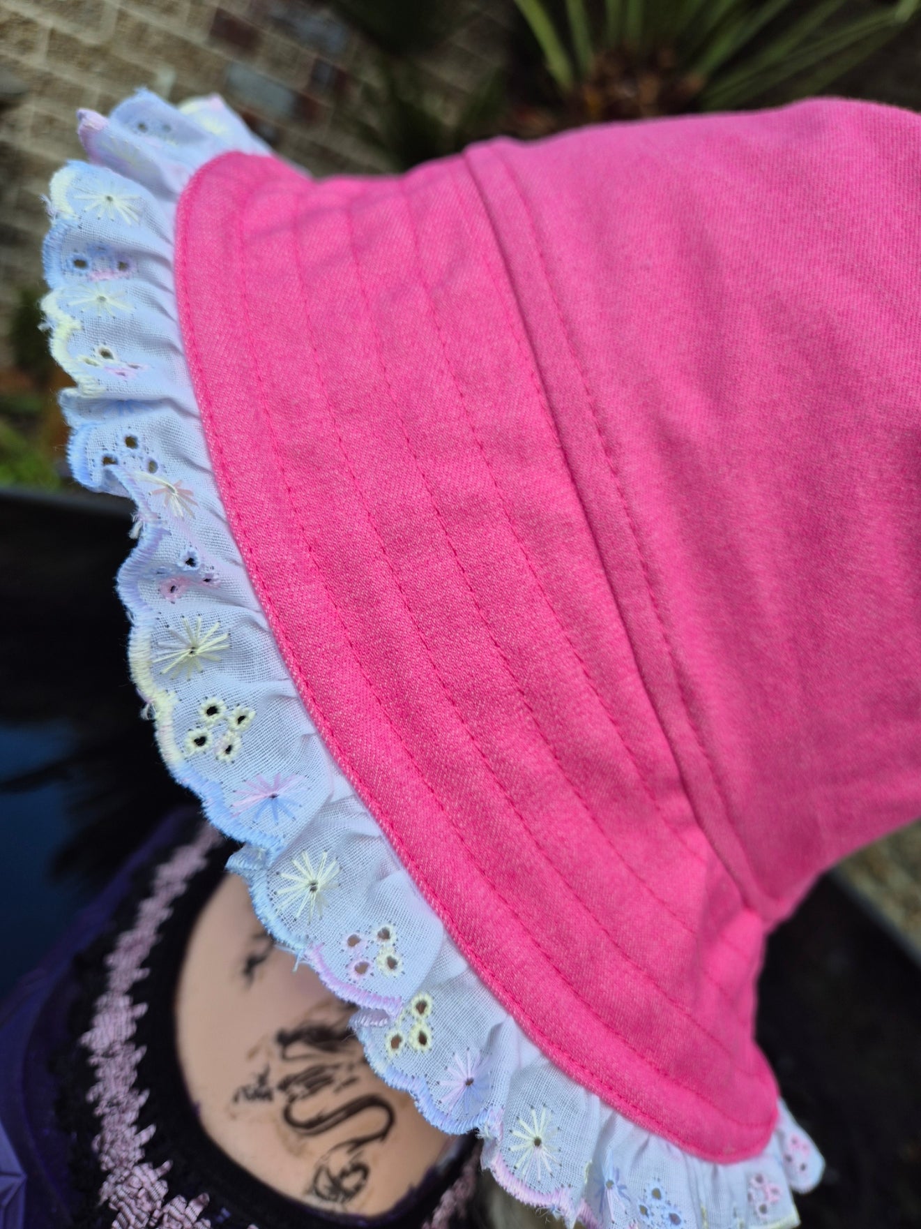 Designer Bucket Hat - Hot Pink Rainbow Lace Trim