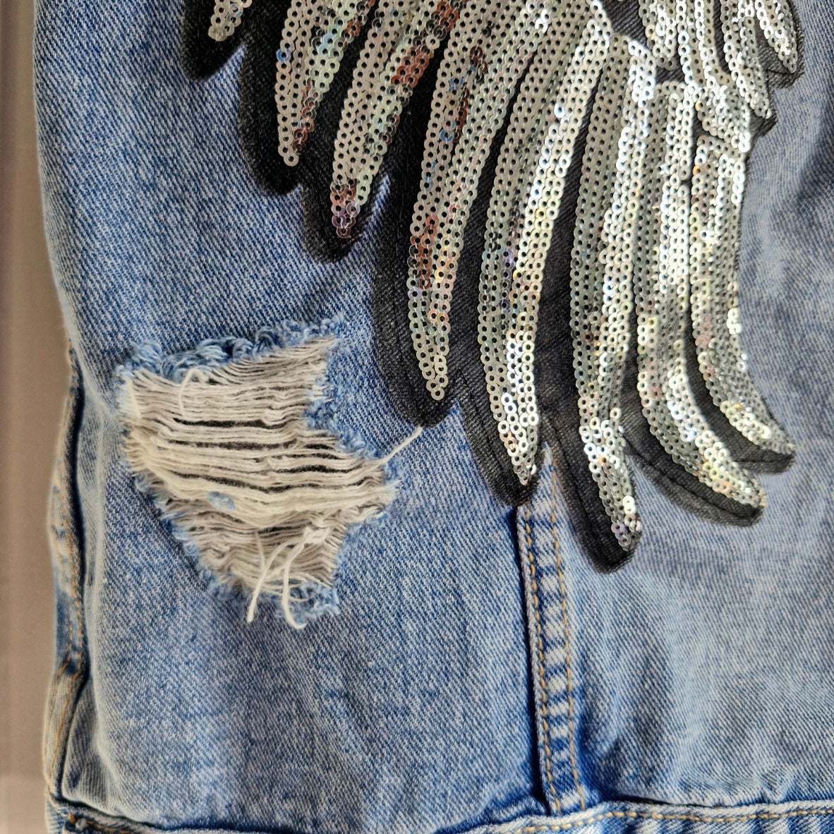 Silver Angel Wing Denim Waistcoat - New Look Size 10