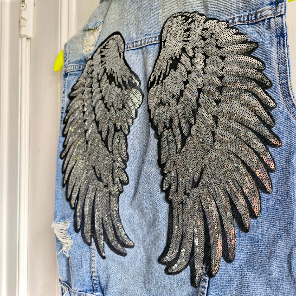 Silver Angel Wing Denim Waistcoat - New Look Size 10