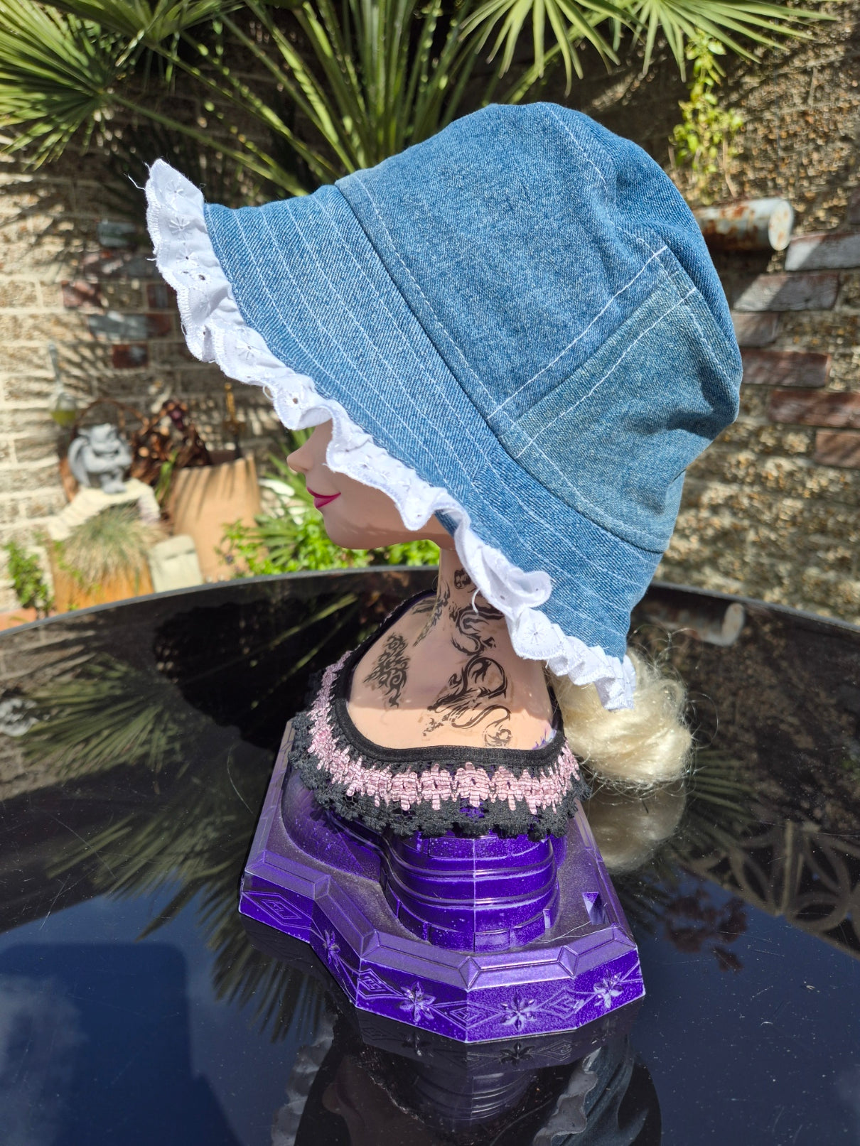 Designer Bucket Hat - Blue Denim White Lace