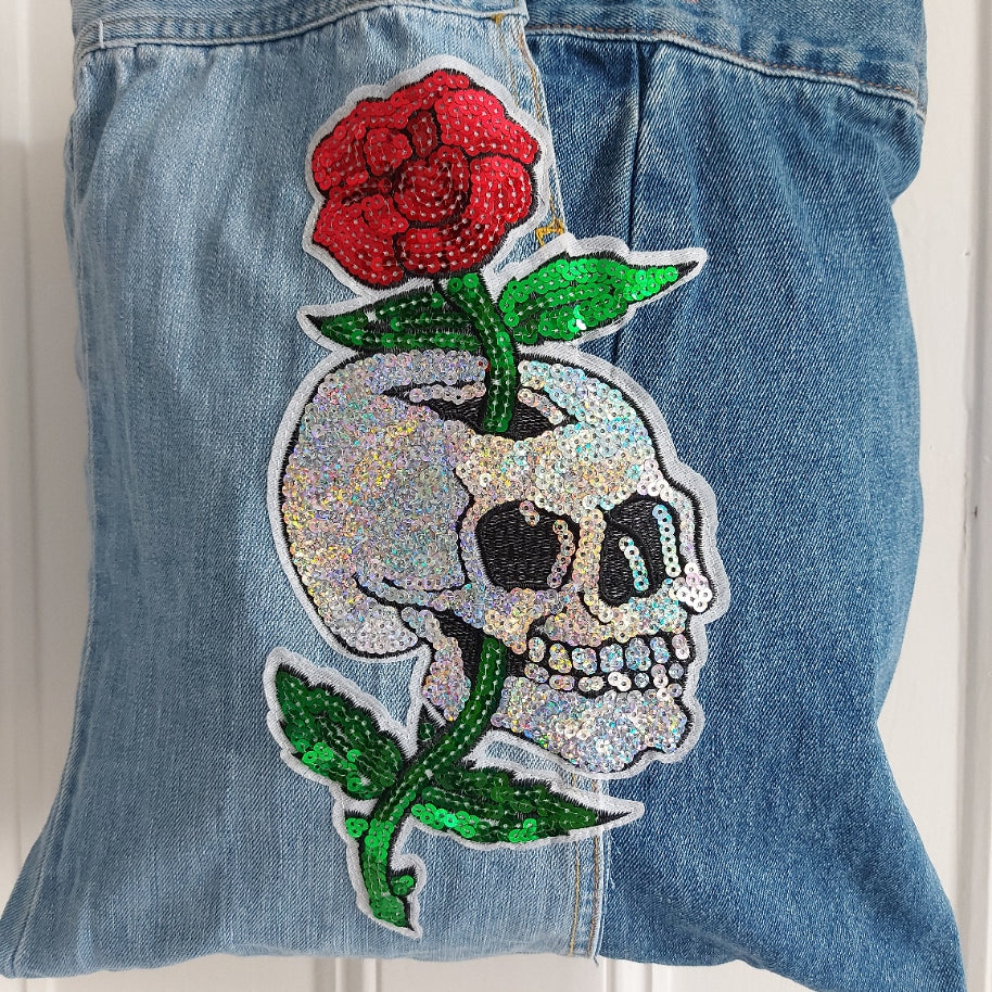 Sequin Skull Denim Tote Bag