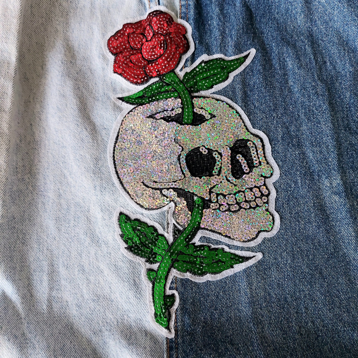 Sequin Skull Denim Tote Bag