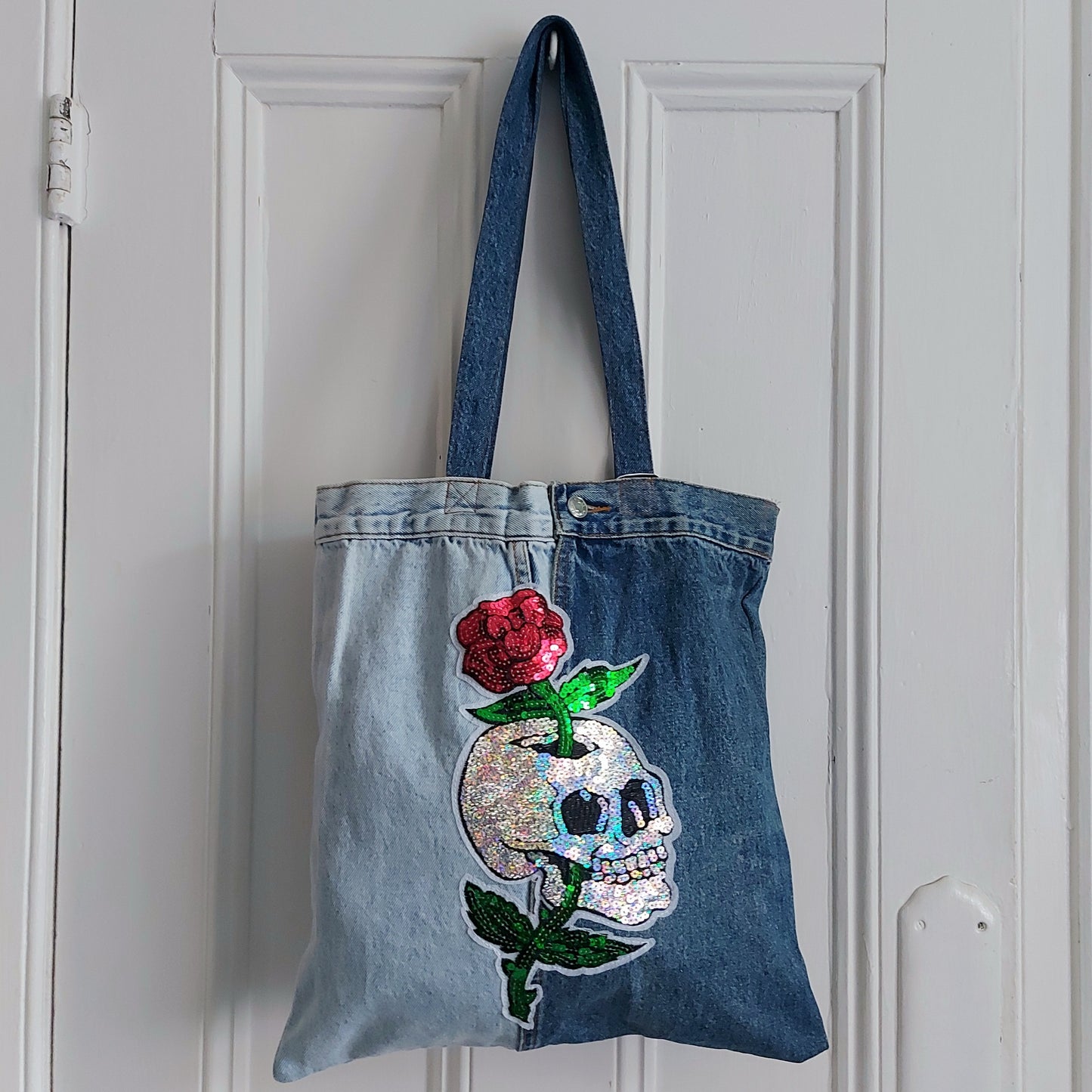 Sequin Skull Denim Tote Bag