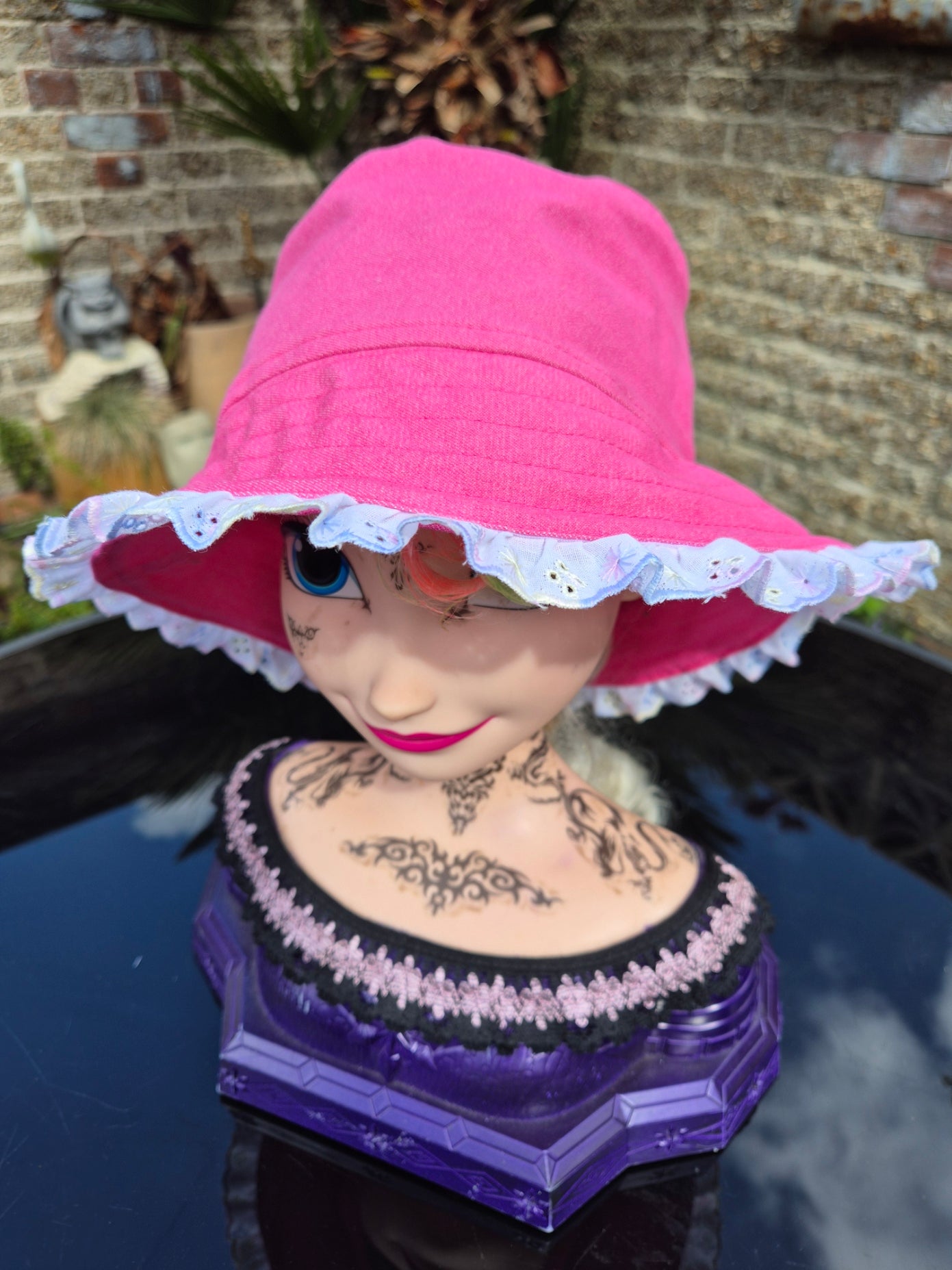 Designer Bucket Hat - Hot Pink Rainbow Lace Trim