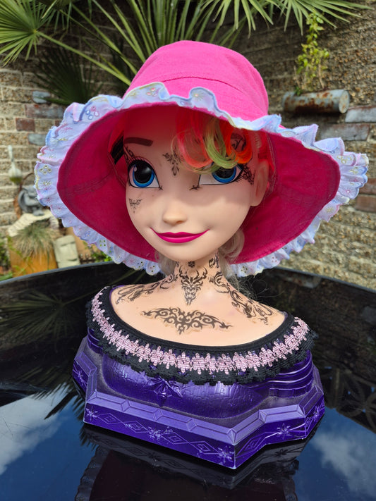 Designer Bucket Hat - Hot Pink Rainbow Lace Trim