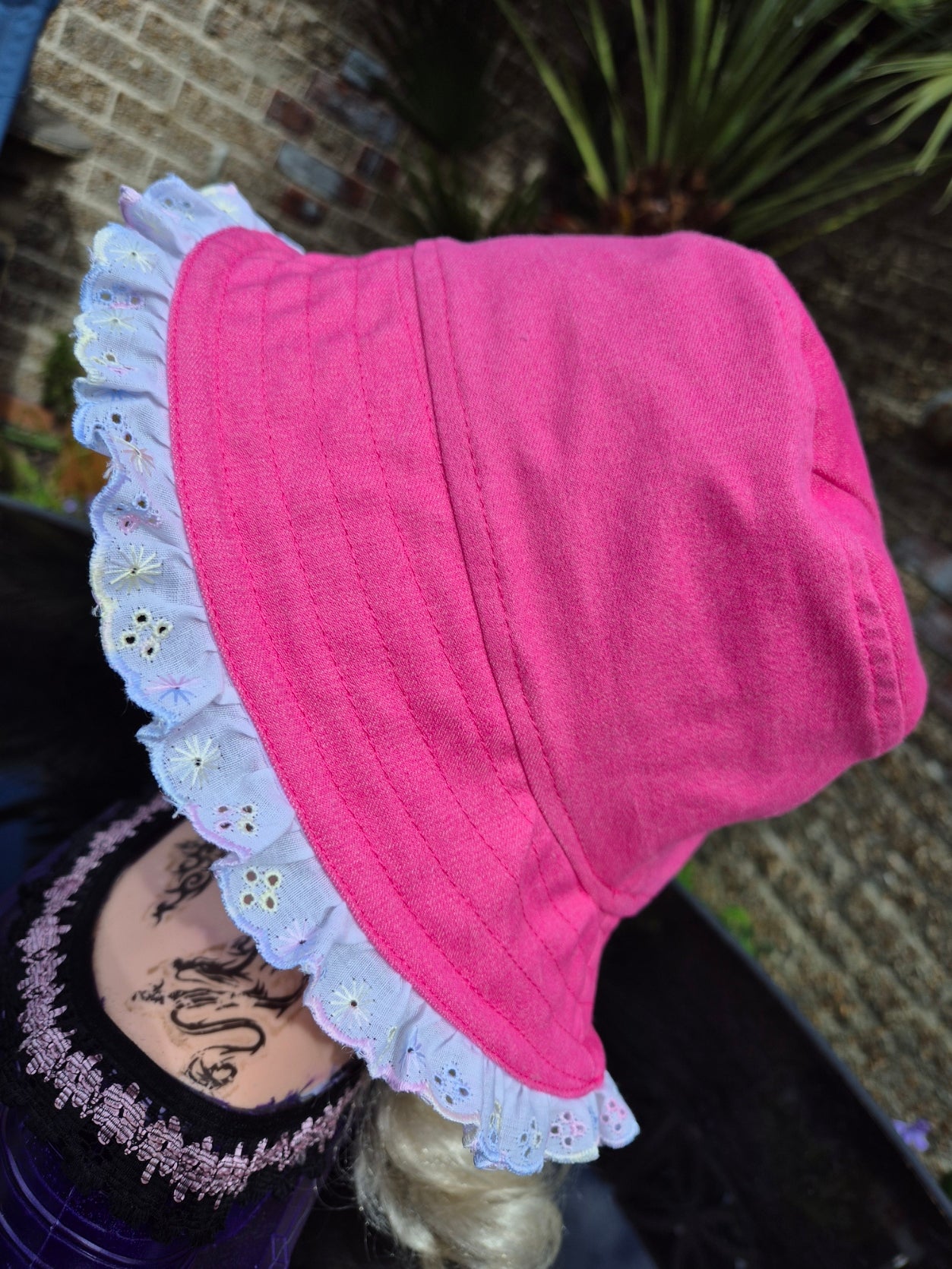 Designer Bucket Hat - Hot Pink Rainbow Lace Trim