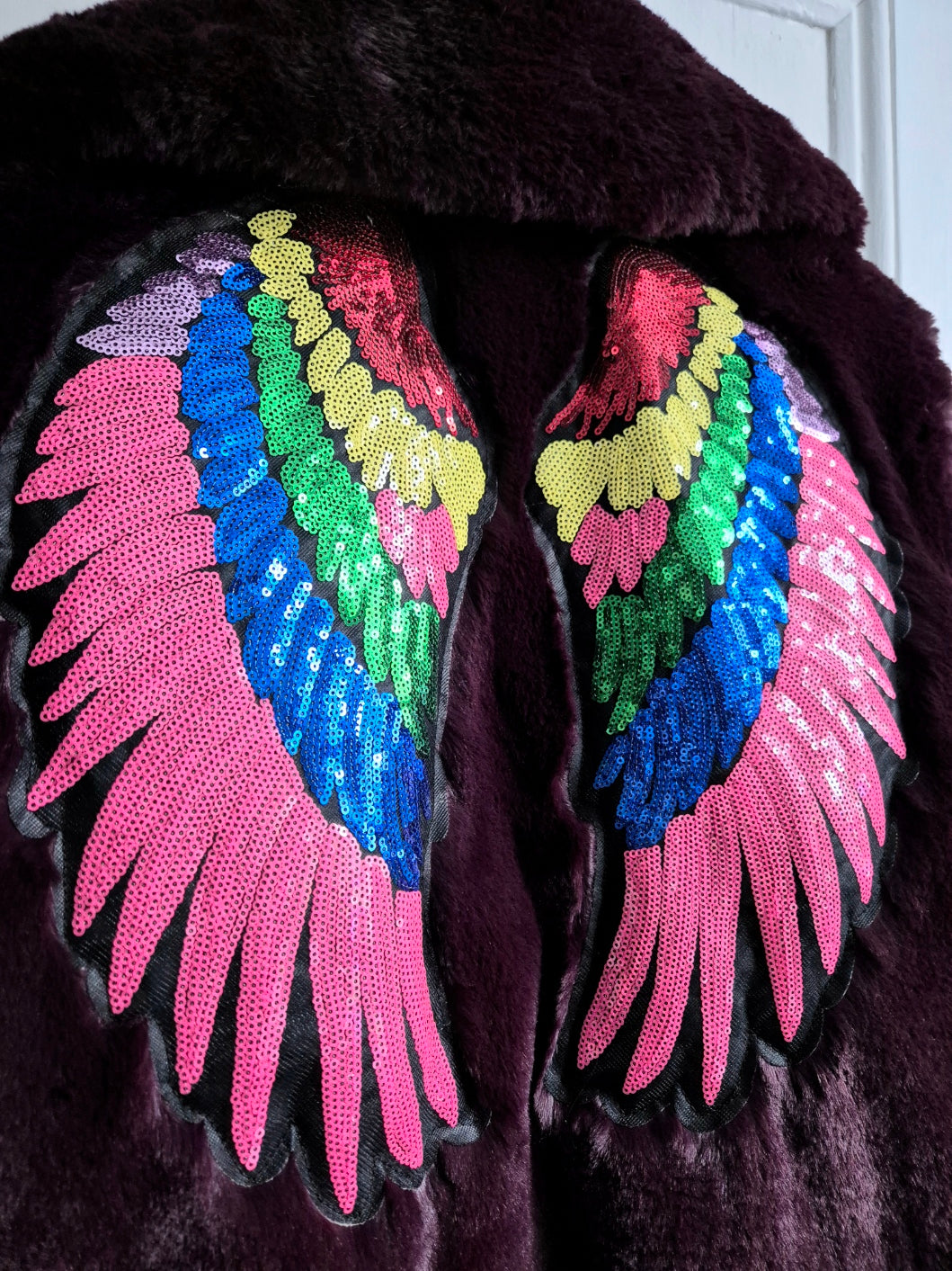 Rainbow Wing Burgundy Fur Festival Jacket - Size 18