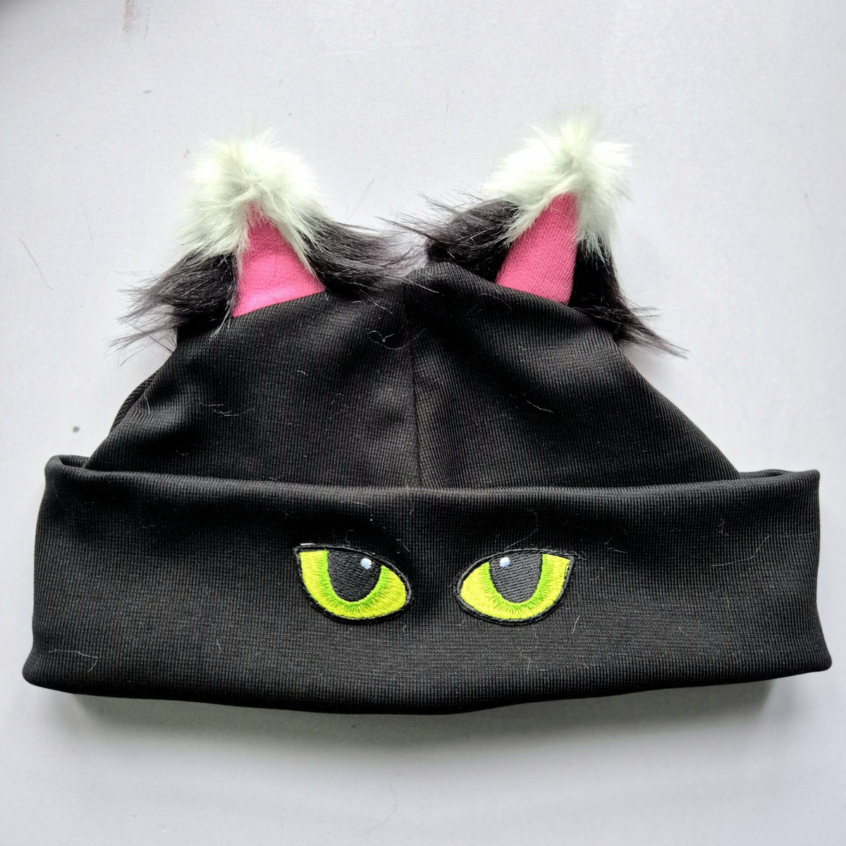 Organic Black / White Furry Ear Kitty Hat