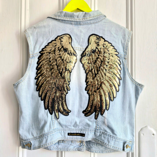 Gold Angel Wing Denim Waistcoat - Denim Co Size 18