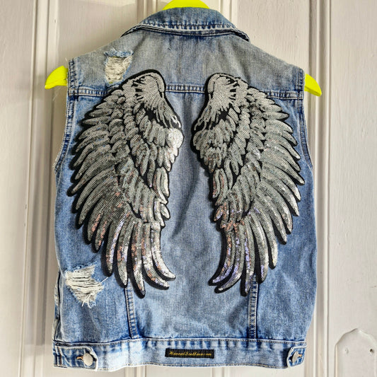 Silver Angel Wing Denim Waistcoat - New Look Size 10