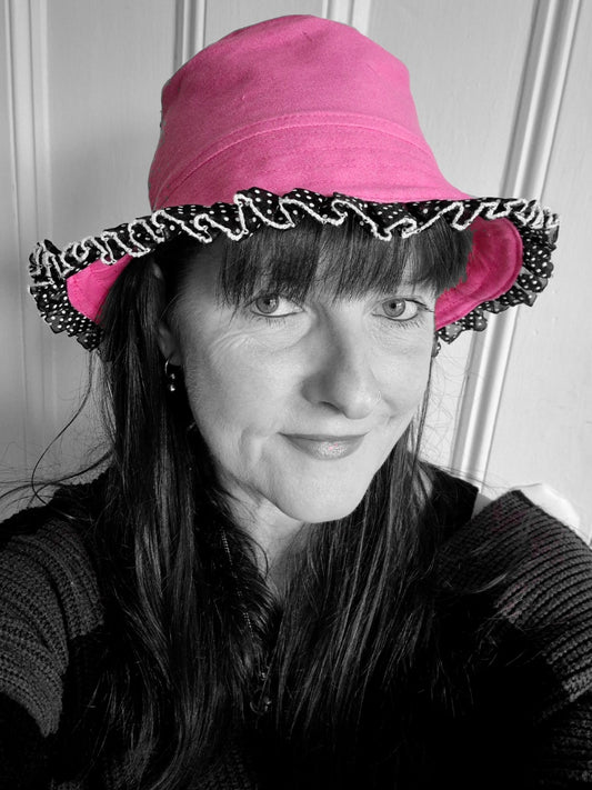 Designer Bucket Hat - Hot Pink Polka Dot Trim