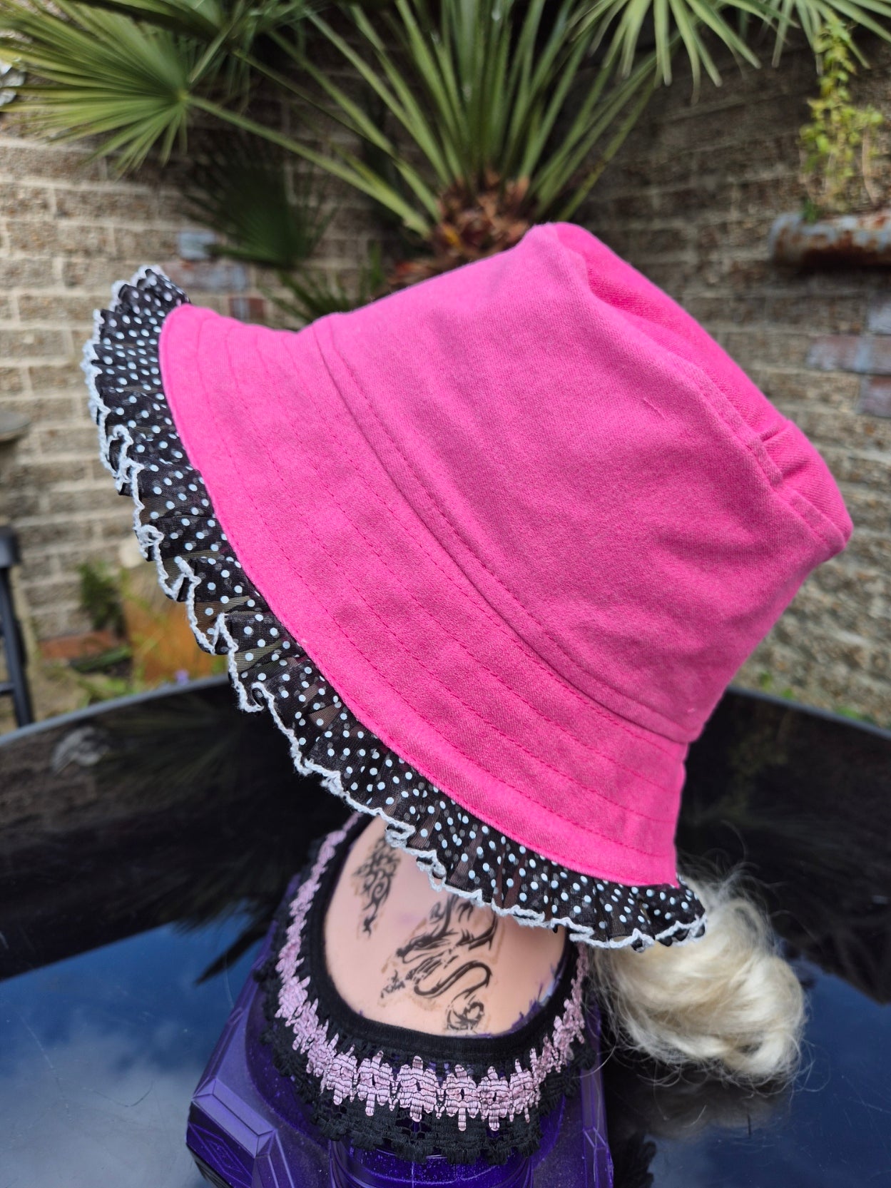Designer Bucket Hat - Hot Pink Polka Dot Trim