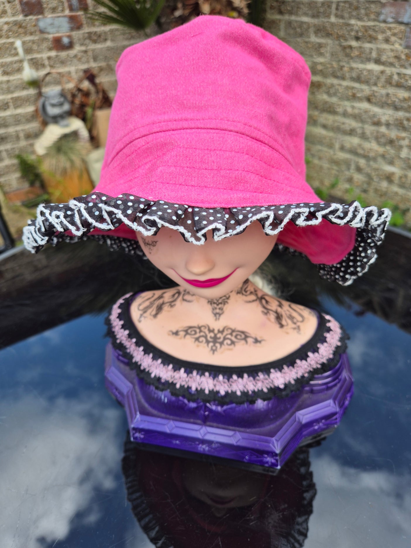 Designer Bucket Hat - Hot Pink Polka Dot Trim