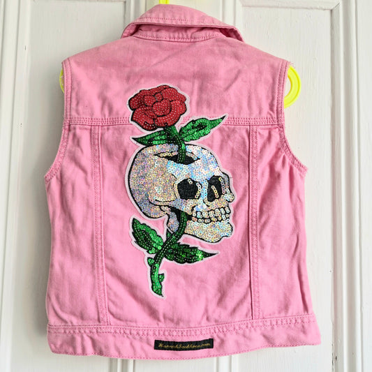 Kid's Sequin Skull Pink Denim - Age 7 years