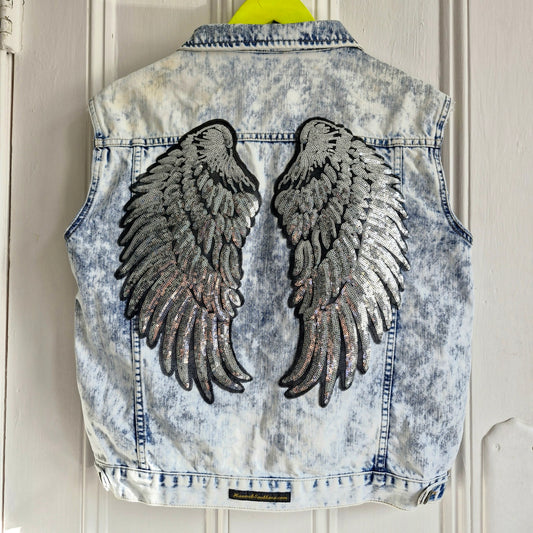 Silver Angel Wing Denim waistcoat - Top Shop Size 12