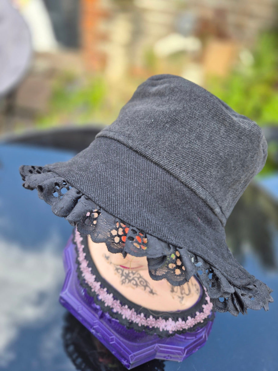 Designer Bucket Hat - Black with Lace