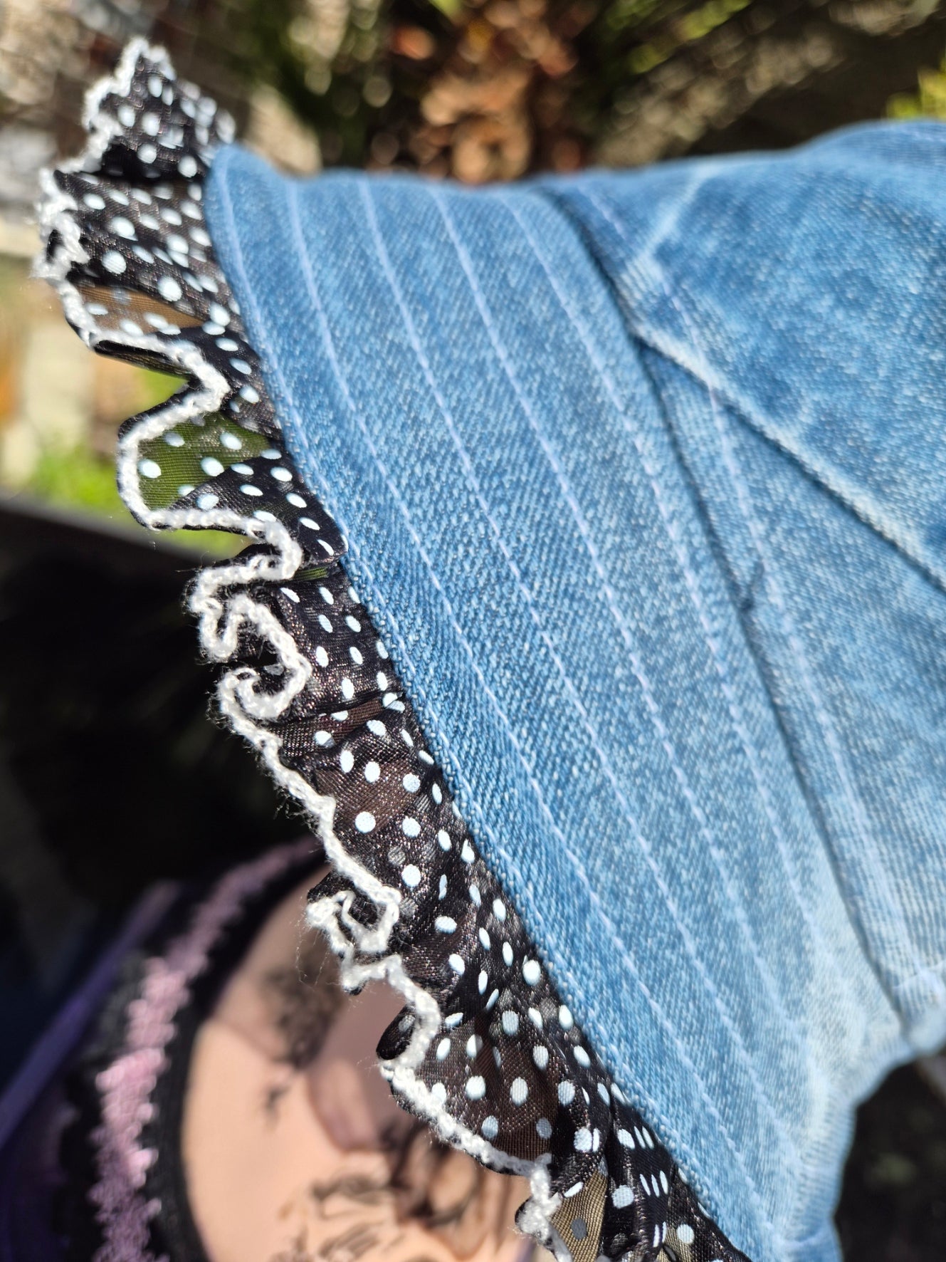 Designer Bucket Hat - Blue Denim Polka Dot Lace