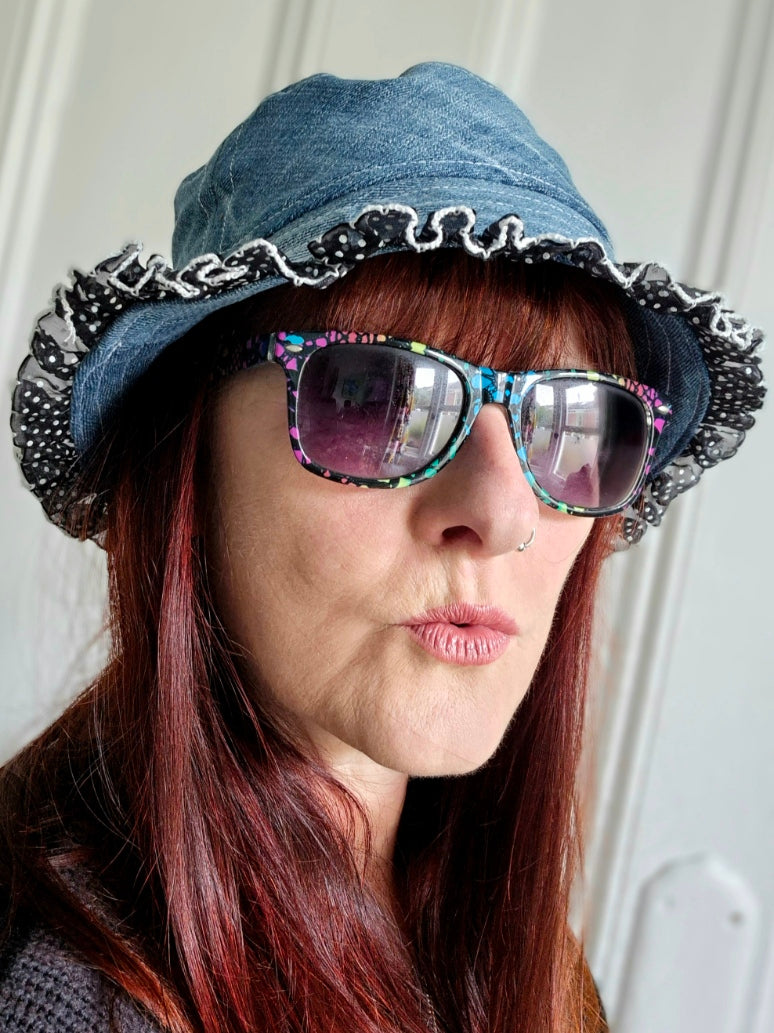 Designer Bucket Hat - Blue Denim Polka Dot Lace