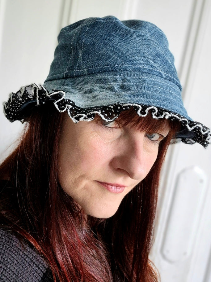 Designer Bucket Hat - Blue Denim Polka Dot Lace