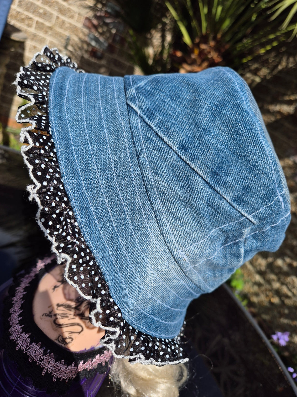 Designer Bucket Hat - Blue Denim Polka Dot Lace
