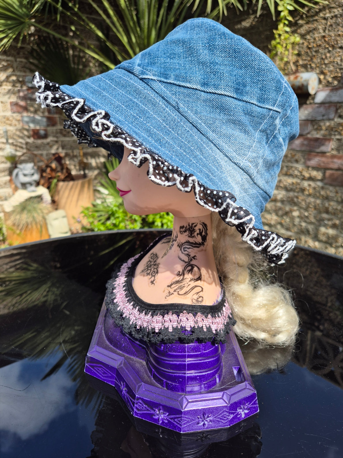 Designer Bucket Hat - Blue Denim Polka Dot Lace