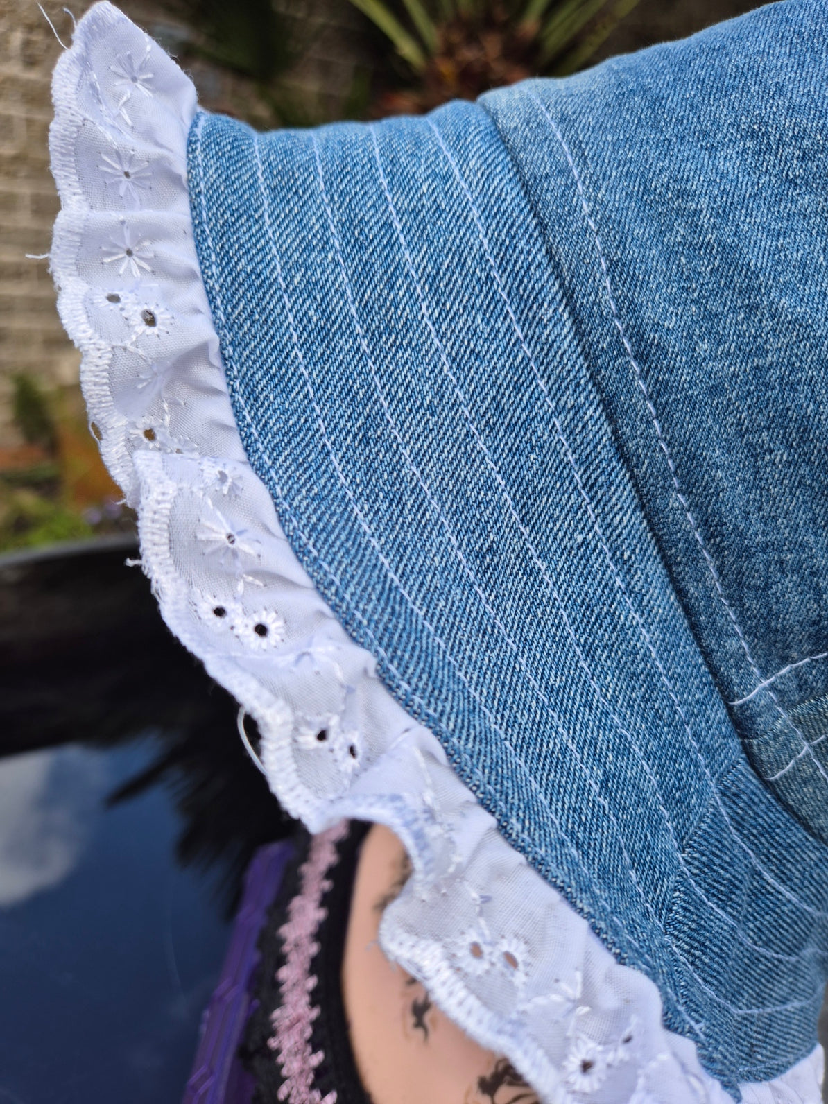 Designer Bucket Hat - Blue Denim White Lace