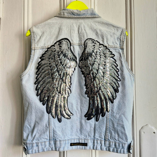 Silver Angel Wing Denim Waistcoat - Size 16