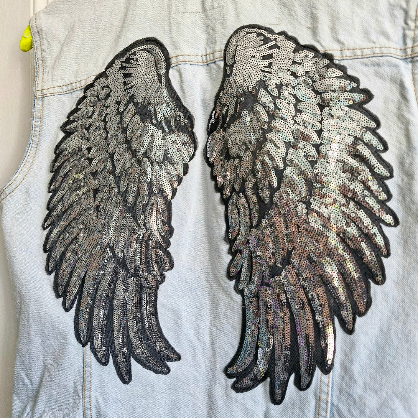 Silver Angel Wing Denim Waistcoat - Size 16