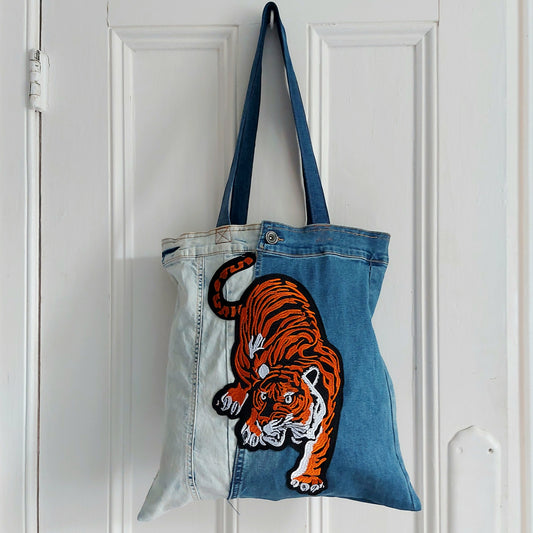 Prowling Tiger Denim Tote Bag