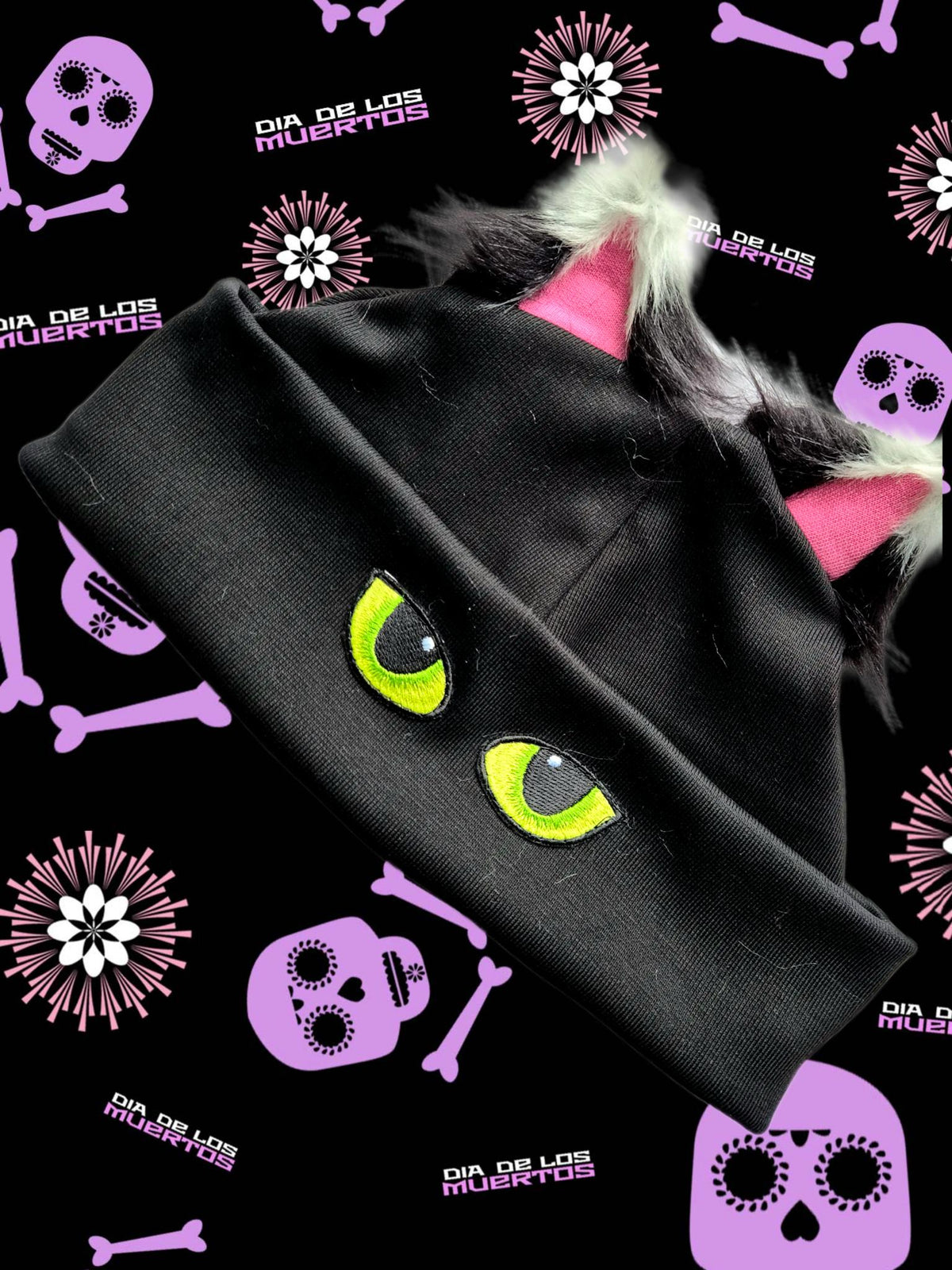 Organic Black / White Furry Ear Kitty Hat