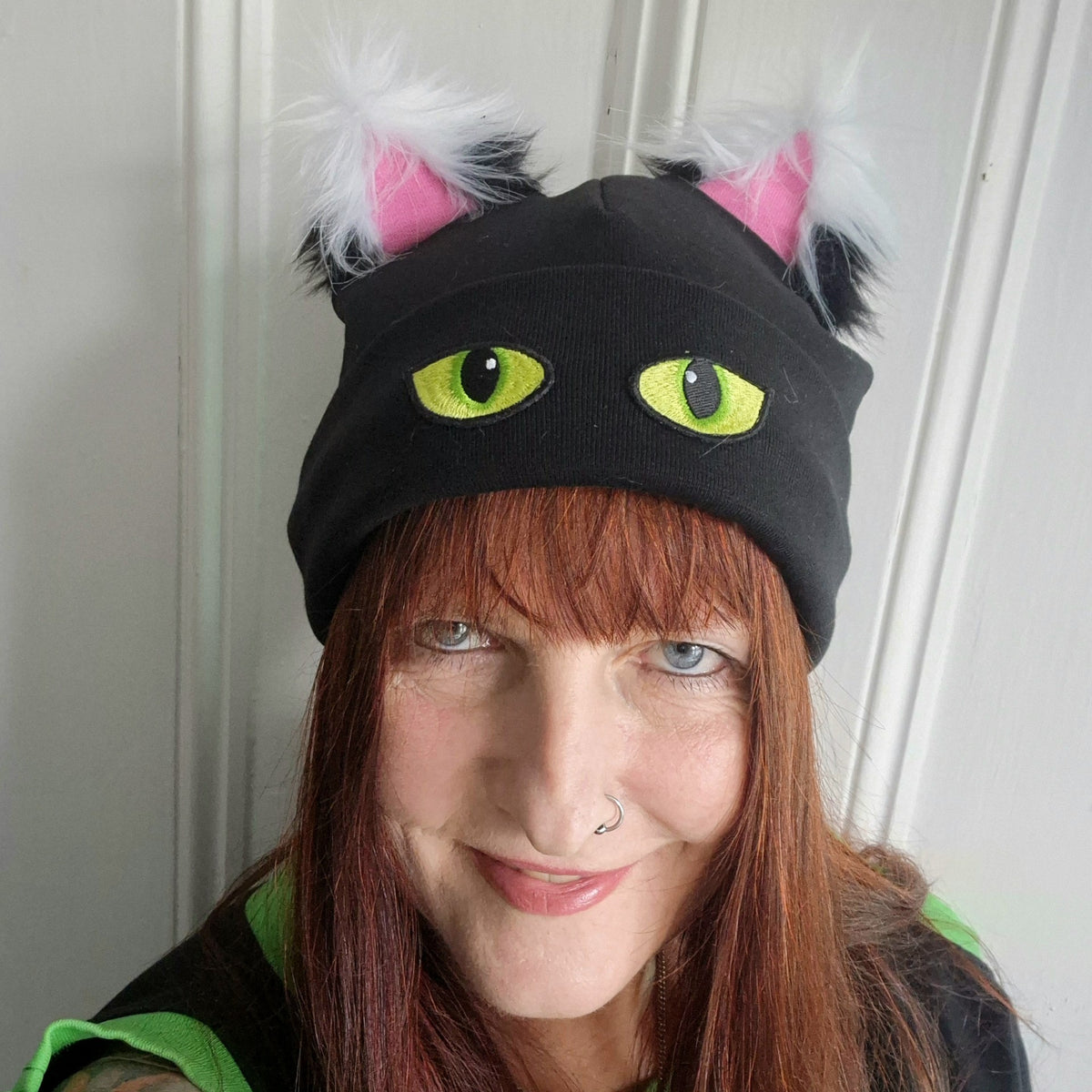 Organic Black / White Furry Ear Kitty Hat