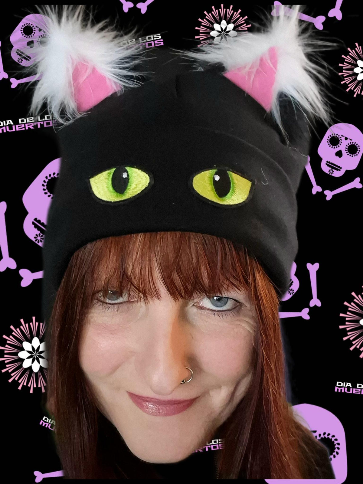 Organic Black / White Furry Ear Kitty Hat