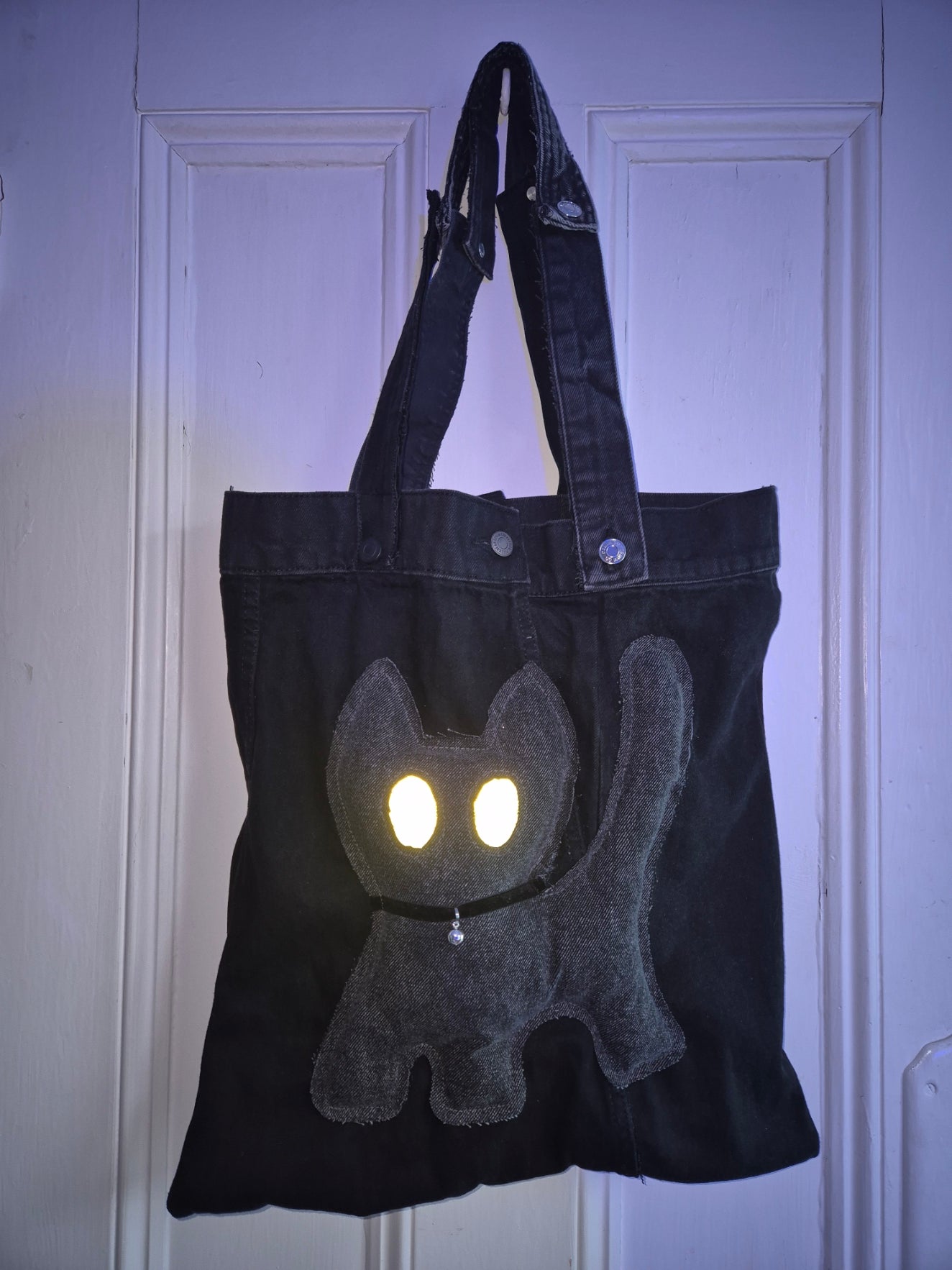 Glow Kitty Denim Tote Bag - Neon Green