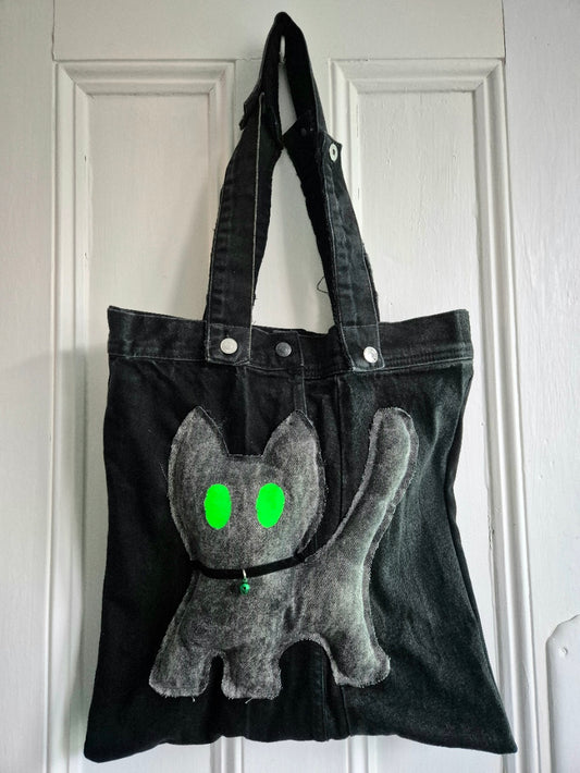 Glow Kitty Denim Tote Bag - Neon Green