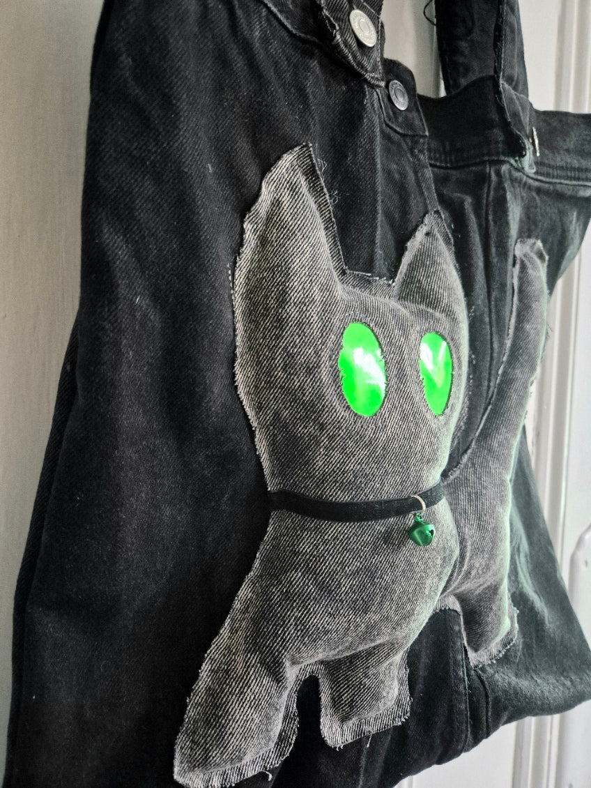 Glow Kitty Denim Tote Bag - Neon Green