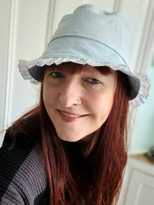 Designer Bucket Hat - Bleached Denim Rainbow Lace