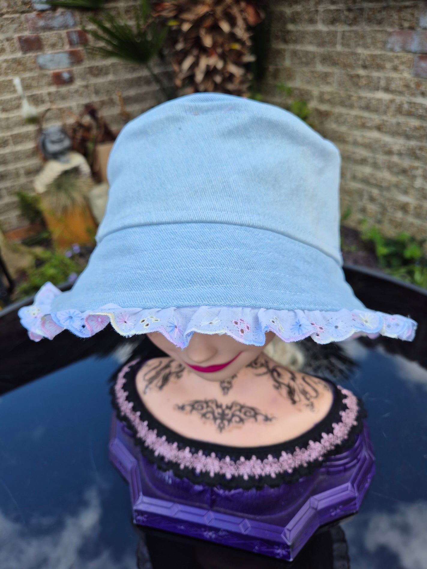 Designer Bucket Hat - Bleached Denim Rainbow Lace