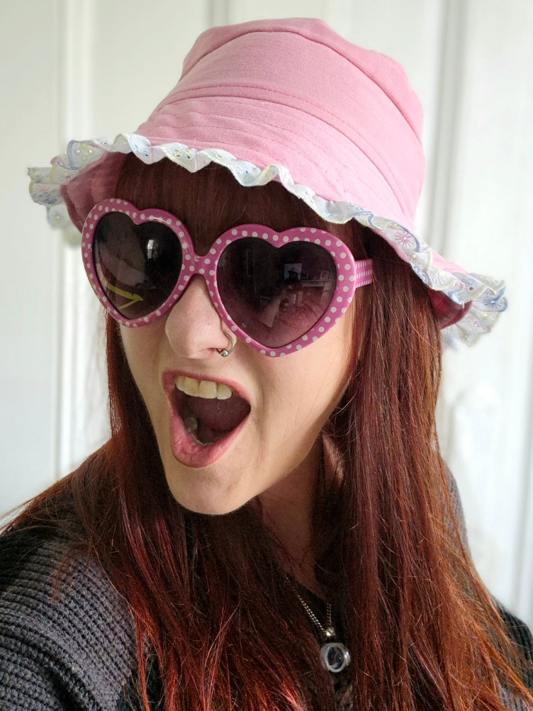 Designer Bucket Hat - Pale Pink White Lace