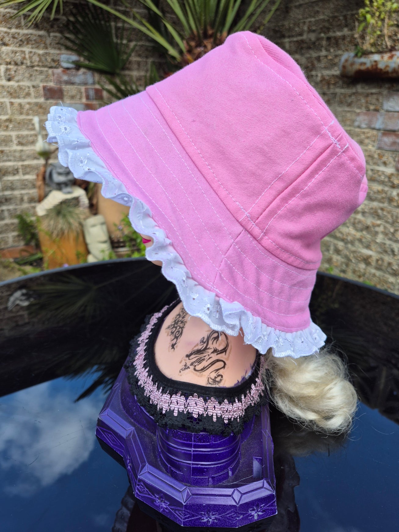 Designer Bucket Hat - Pale Pink White Lace