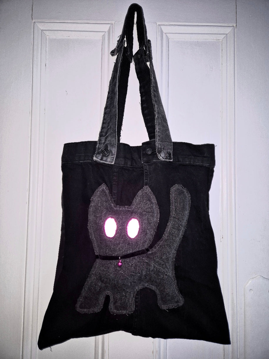 Glow Kitty Denim Tote Bag - Fuchsia Pink