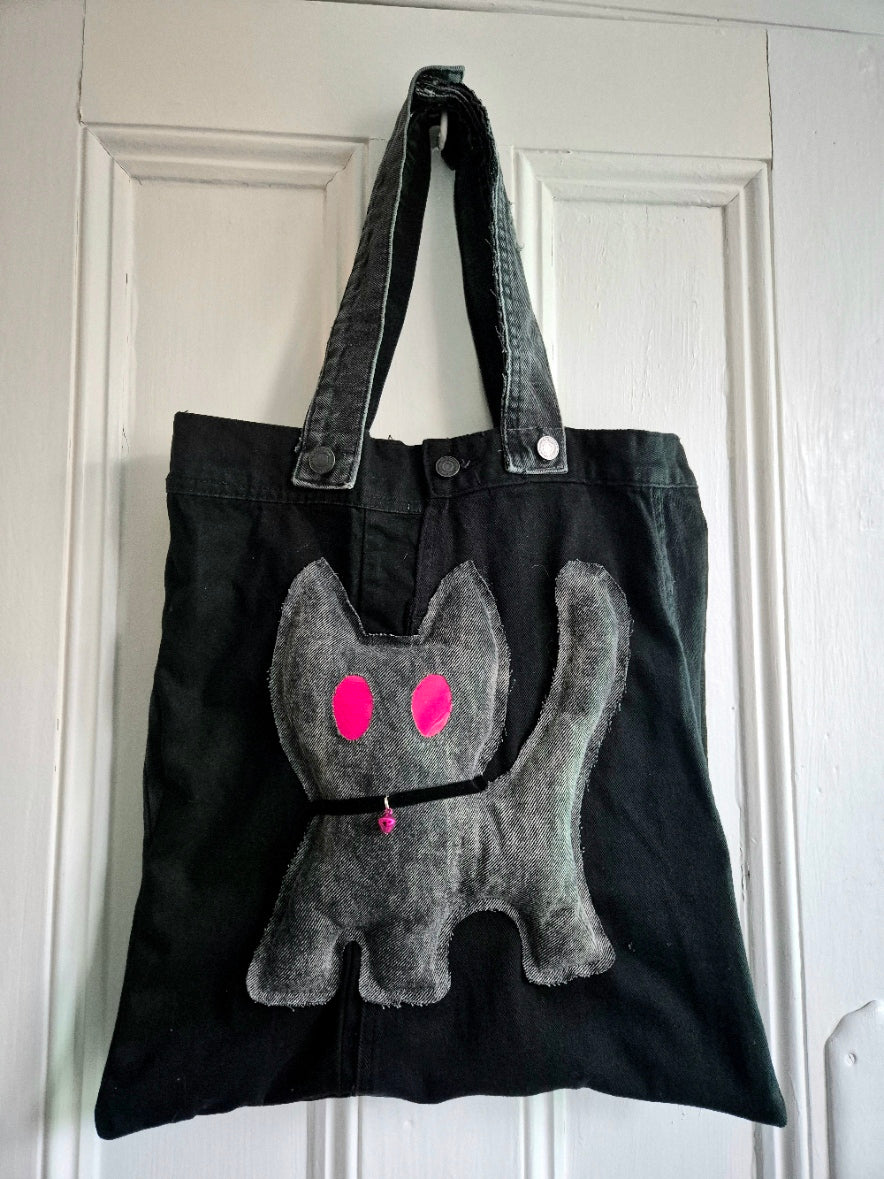 Glow Kitty Denim Tote Bag - Fuchsia Pink