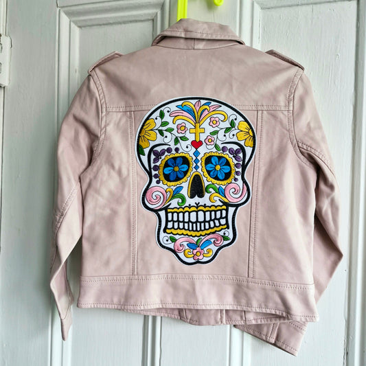 Kids Pink Fau Leather Skull Biker Jacket - Age 6 - 7 years