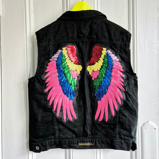 Rainbow Angel Wing Black Denim Waistcoat - Size 14