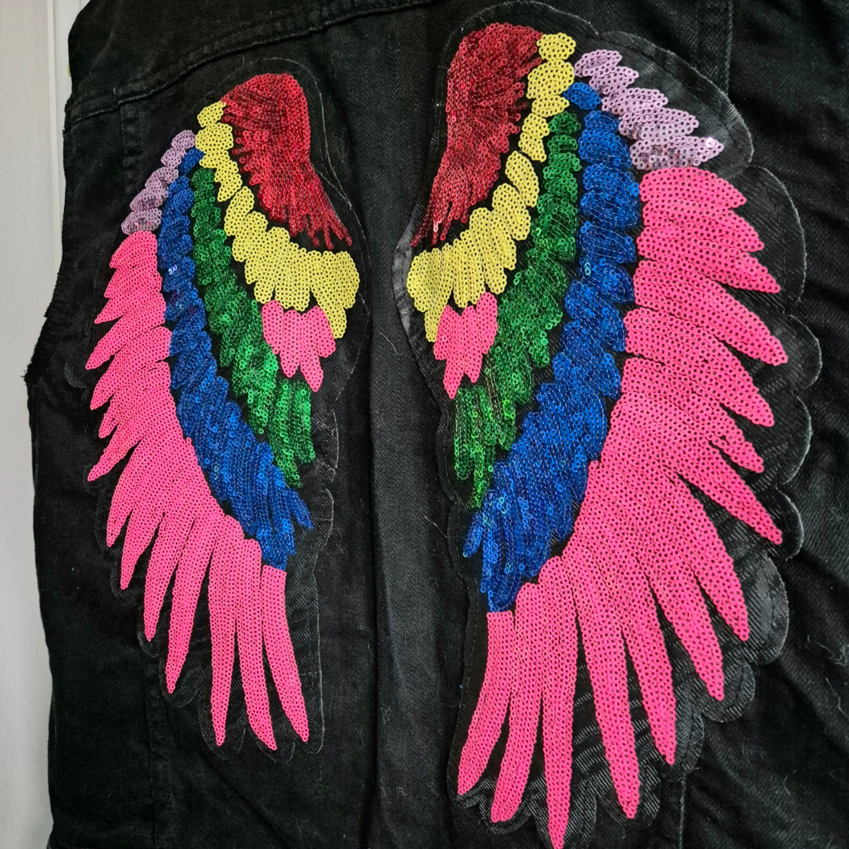 Rainbow Angel Wing Black Denim Waistcoat - Size 14