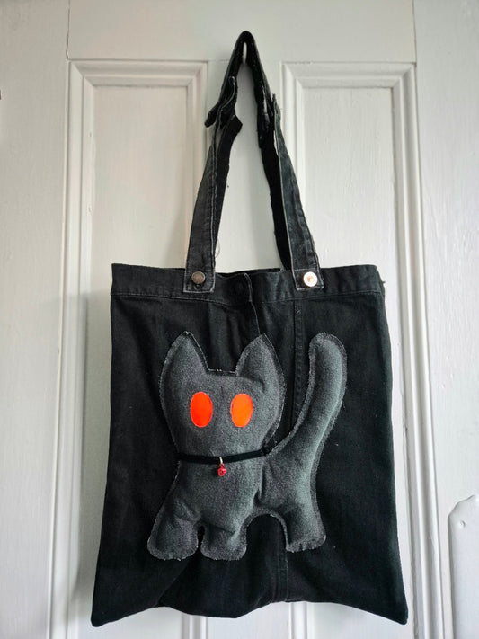 Glow Kitty Denim Tote Bag - Hot Red