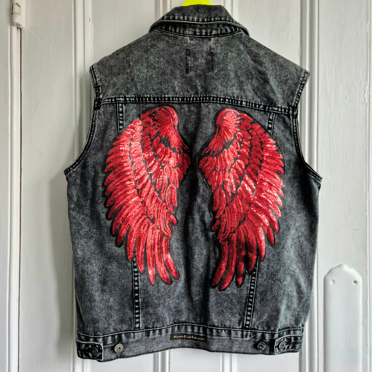 Red Sequin Angel Wing Black Denim Waistcoat - Size Mens Medium