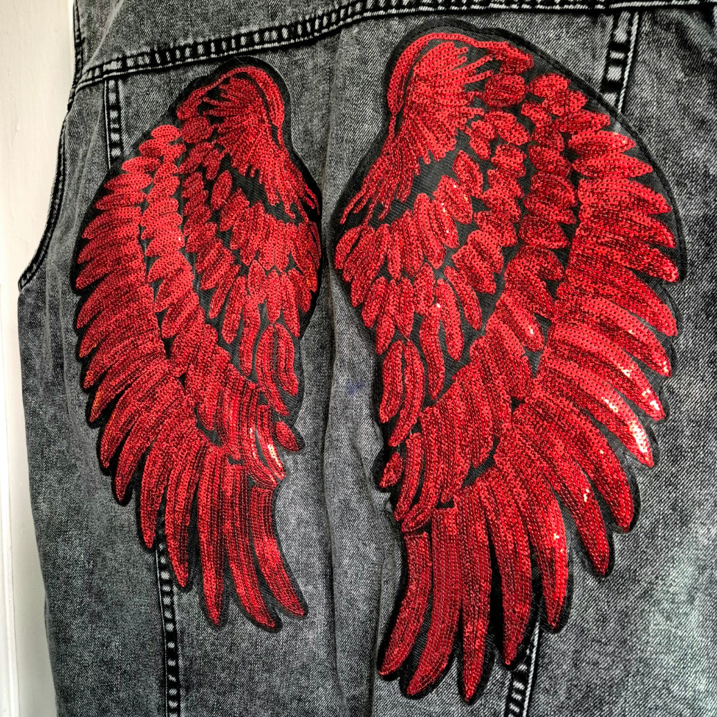 Red Sequin Angel Wing Black Denim Waistcoat - Size Mens Medium