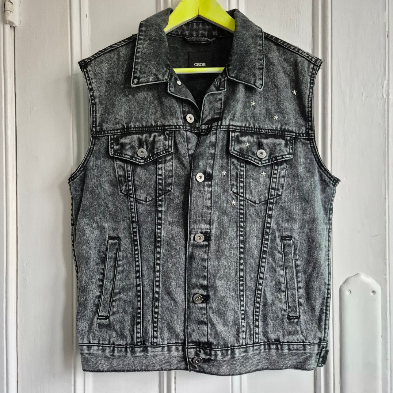 Red Sequin Angel Wing Black Denim Waistcoat - Size Mens Medium