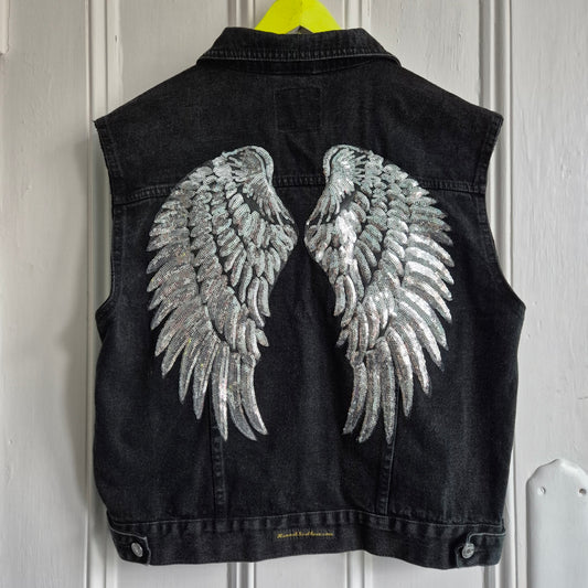 Silver Sequin Angel Wing Black Denim Waistcoat - Size 16